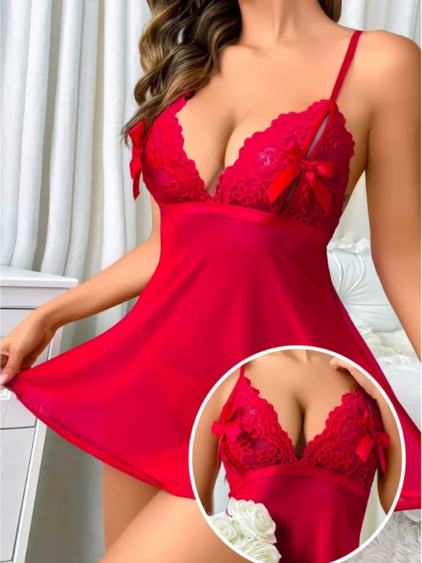 Kırmızı Dantel Detaylı Fiyonk Süslemel Tül Şık Gecelik