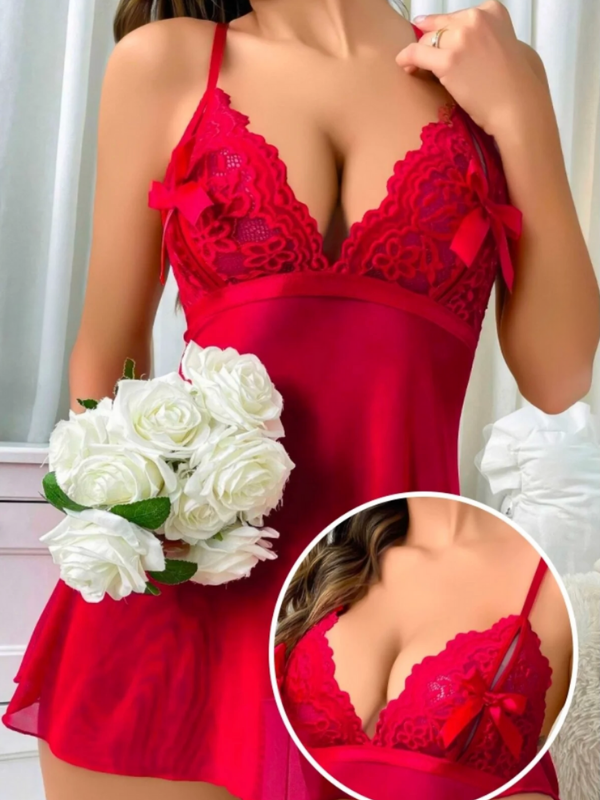 Kırmızı Dantel Detaylı Fiyonk Süslemel Tül Şık Gecelik