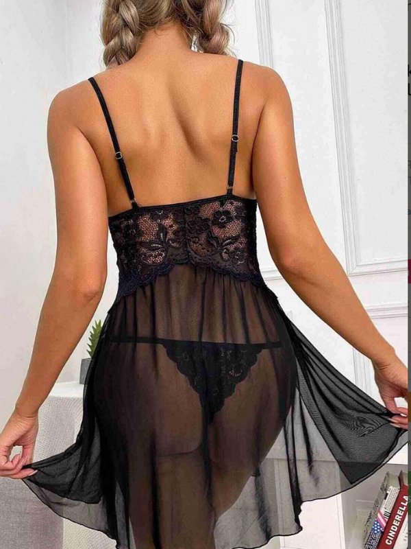 Velorias Siyah Dantel Detaylı Şık Tül Askılı Mini Gecelik Takımı