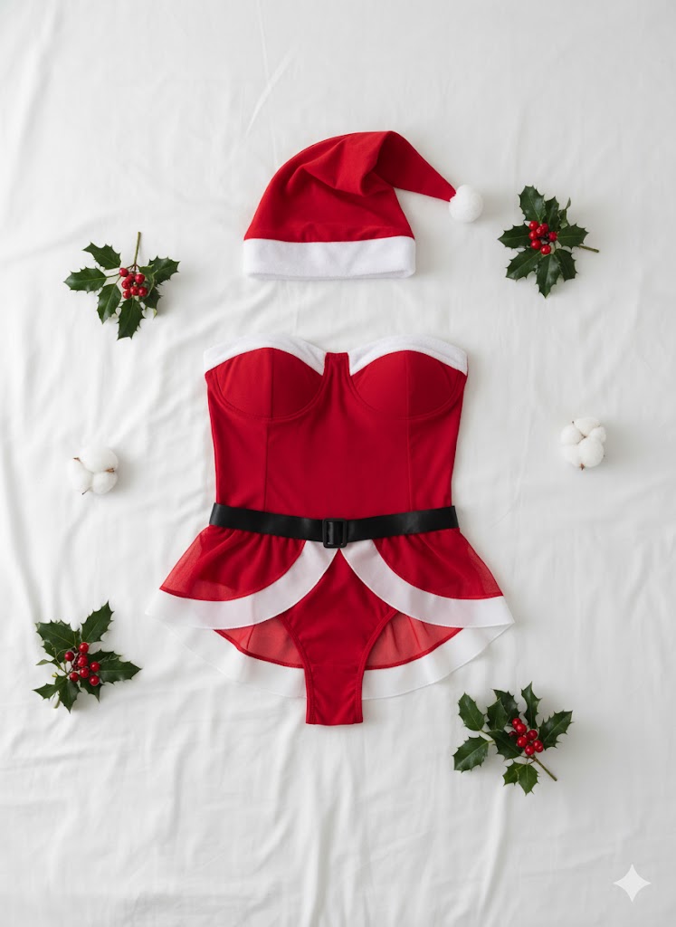 Kırmızı Yılbaşı Özel Şapkalı Fantezi Kostüm